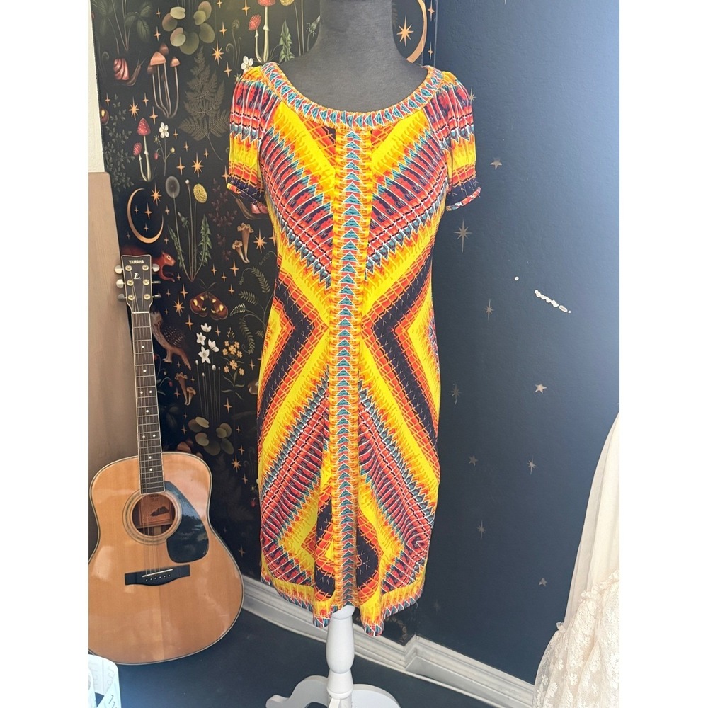 ECI New York Womens Yellow Tribal Geometric Print Sheath Dress Short Sleeve
